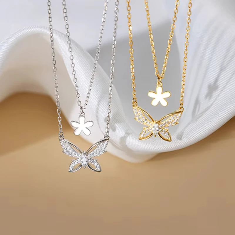 Simple Floral Butterfly Double Necklace Women's Zircon Pendant Collarbone Chain 2025 Fashion Jewelry