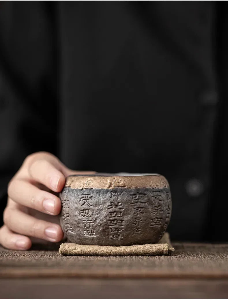 Tea Cup Rough Pottery Handmade Relief Heart Sutra Zen Cup Ceramic Chinese Master Portable Individual Single Cup
