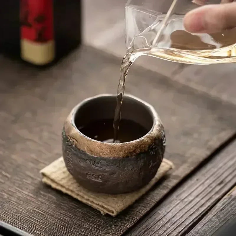 Tea Cup Rough Pottery Handmade Relief Heart Sutra Zen Cup Ceramic Chinese Master Portable Individual Single Cup