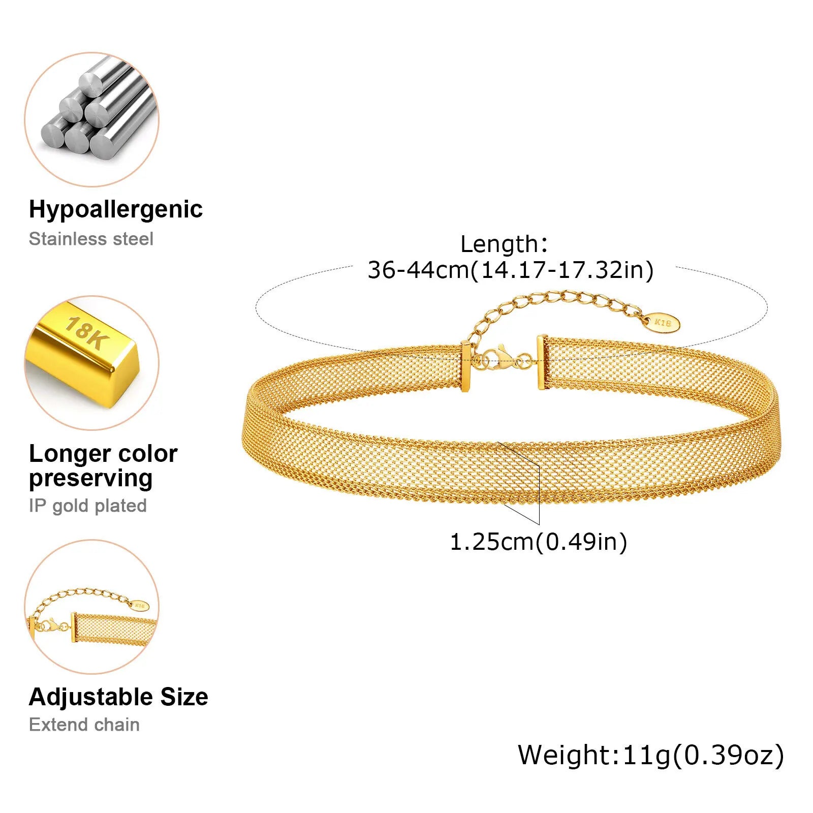 Mesh Link Necklace for Women, stainless steel chain Clavicle Necklaces ,Adjustable Gold Plated Neck Jewelry