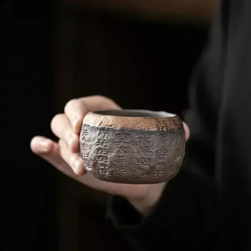 Tea Cup Rough Pottery Handmade Relief Heart Sutra Zen Cup Ceramic Chinese Master Portable Individual Single Cup