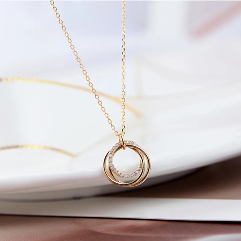 New S925 Silver Round Choker Zircon For Women Fashion Chain Minimalist Dainty Double Circle Pendant Necklace Neck Fine Jewelry